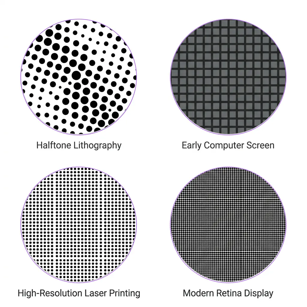 Visual historical evolution of DPI resolution. Halftone Lithography with large sparse dots, early computer screen with pixelated grid, high-resolution laser printing with dense dots, and modern Retina display with fine pixels.